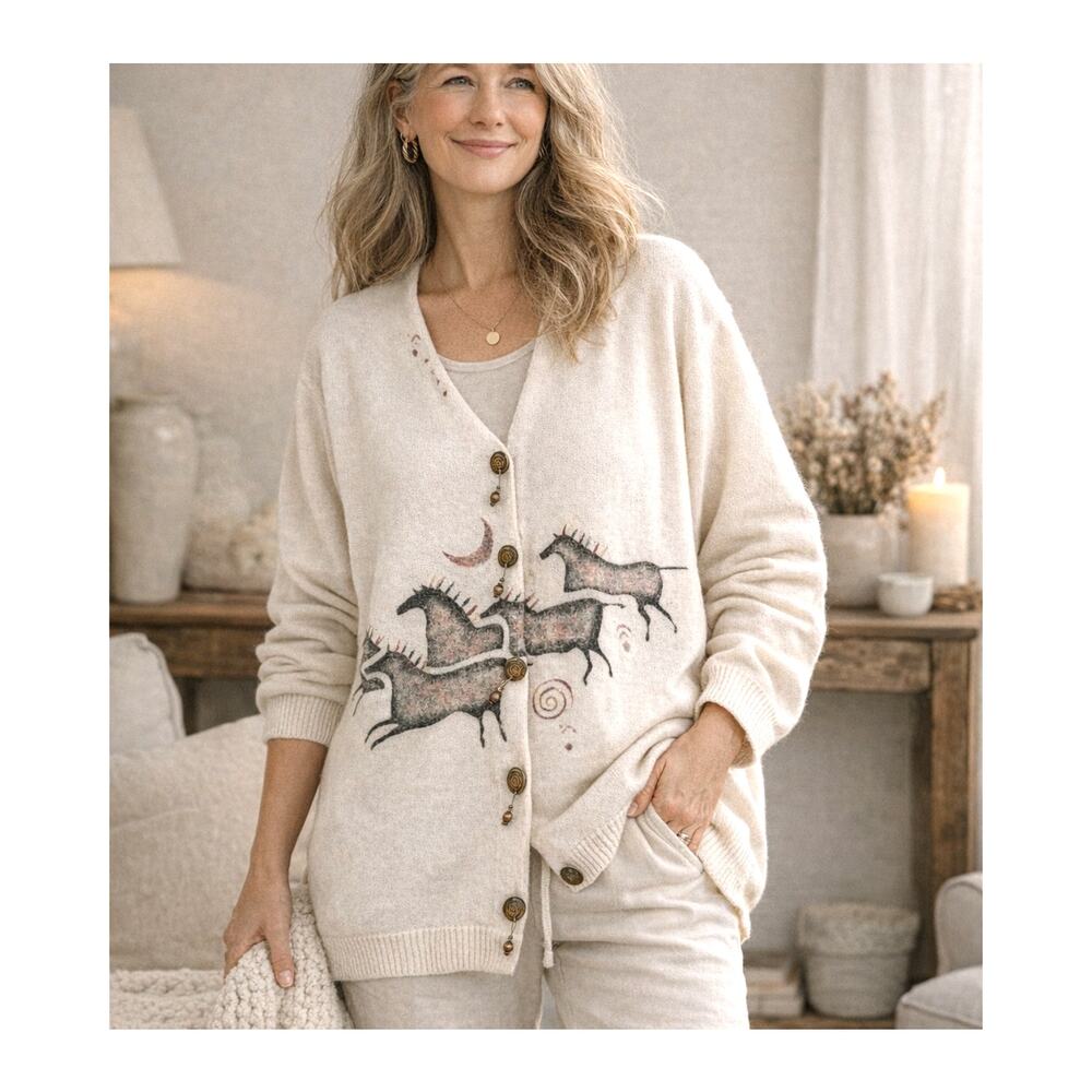 Coldwater Creek Cardigan Sweater Cream Horse Southwestern Buttons Boho- One Size